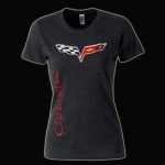 Click Here For Full Product Info E15608 SHIRT-LADIES-JUNIORS-CORVETTE SIDE SCRIPT IN RED GLITTER C6 LOGO-BLENED COTTON-HEATHER BLACK