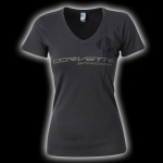 E15815 SHIRT-LADIES-JUNIORS-C7 CORVETTE STINGRAY V-NECK-100% COTTON-CHARCOAL