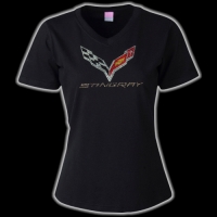 E15829 SHIRT-LADIES-STINGRAY FLAG RHINESTONE-V-NECK-100% COTTON-BLACK